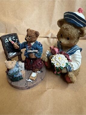 Vintage Style Bear Figurine Pair - Brown, Navy & Cream